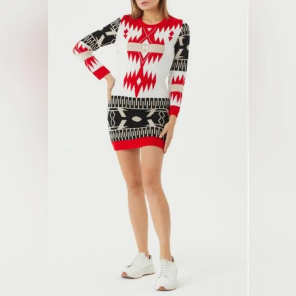 NWT One in a Million Size Small Red White Nordic Long Sleeve Sweater Mini Dress